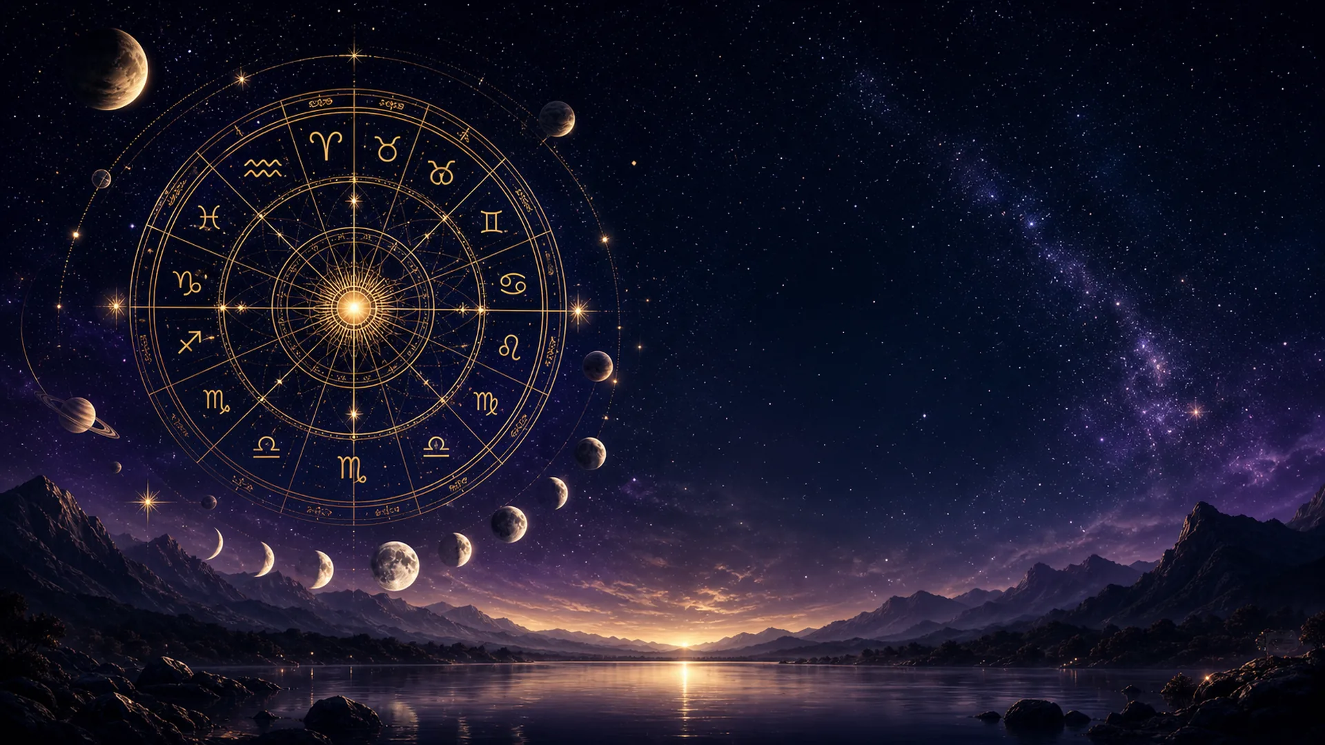 A dark cosmic instrument panel with a glowing gold zodiac wheel, stars, planets, and moonlit purple sky.
